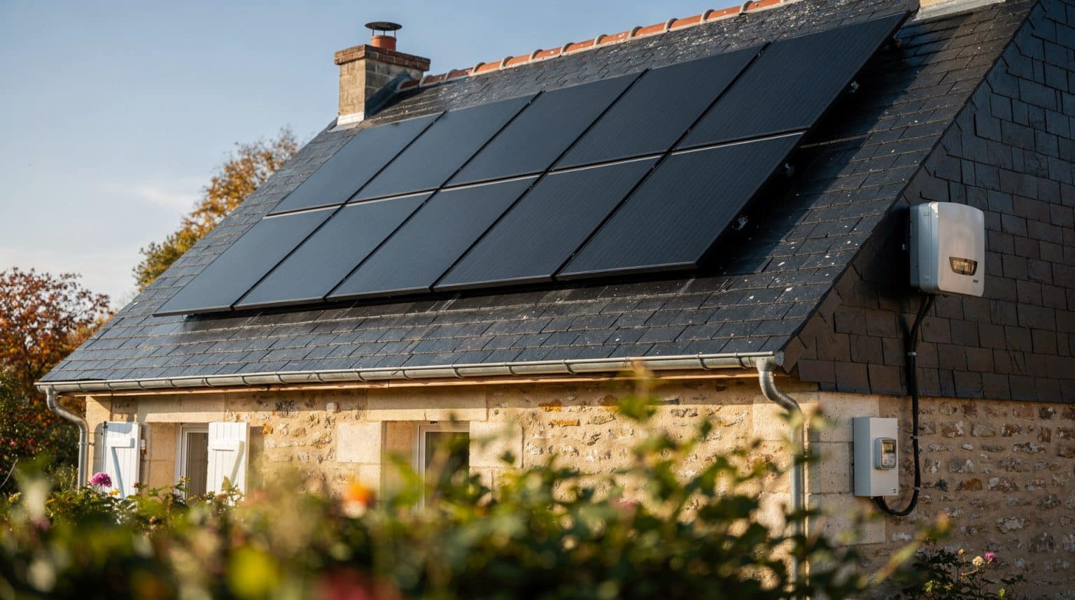 Panneaux solaires noirs posés sur un toit en ardoise, avec l'onduleur et le compteur fixés sur le pignon pour l'autoconsommation