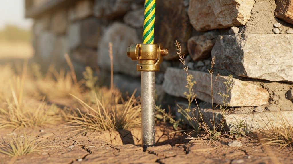 Tester sa prise de terre : piquet de terre planté dans un sol sec et craquelé au pied d’une maison ancienne
