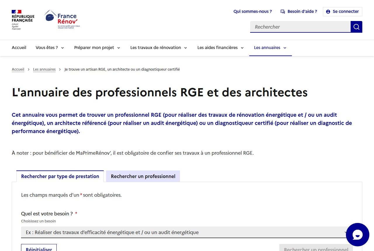 Formulaire de recherche de l'annuaire officiel des professionnels RGE sur le site France Rénov'