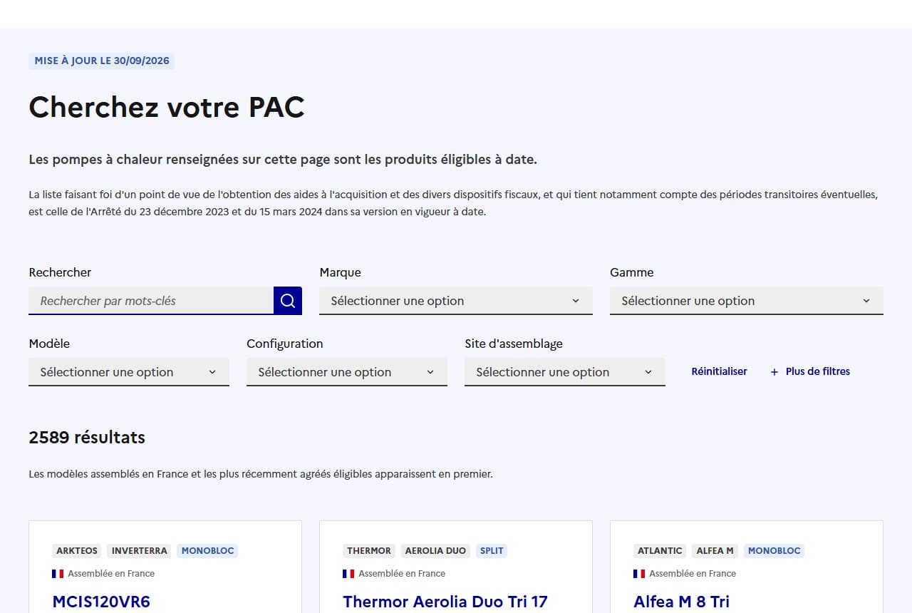Moteur de recherche des pompes à chaleur agréées sur le site de l'ADEME bonus-pac.ademe.fr